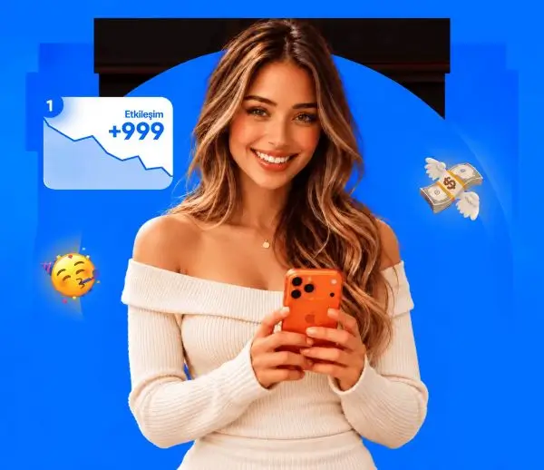 Telefon tutan bir kadın ve sosyal medya etkileşimini temsil eden simgeler